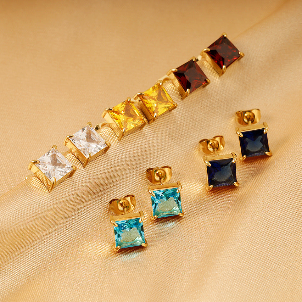 Titanium Steel 14K Gold Four Claw Inlaid Stone Square Diamond Small Ear Studs