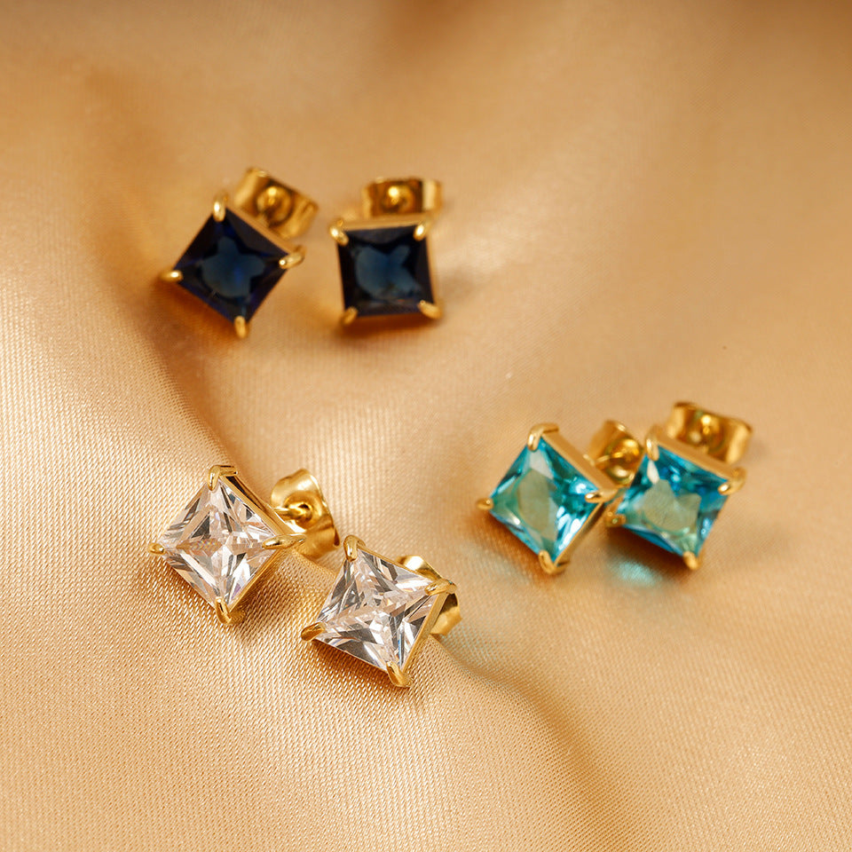 Titanium Steel 14K Gold Four Claw Inlaid Stone Square Diamond Small Ear Studs