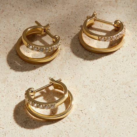 Fashion 14K Gold Ring Cubic Zirconia Checkered Stud Earrings
