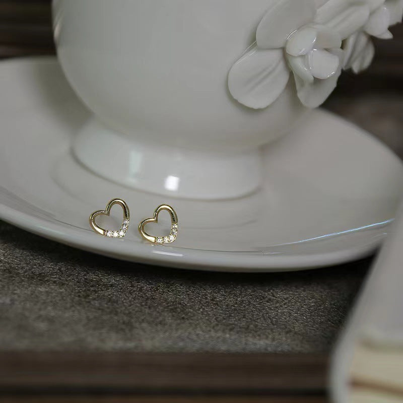 S925 Sterling Silver Plated 14K Gold Hollow Heart Ear Studs