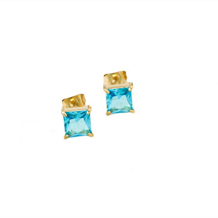 Titanium Steel 14K Gold Four Claw Inlaid Stone Square Diamond Small Ear Studs