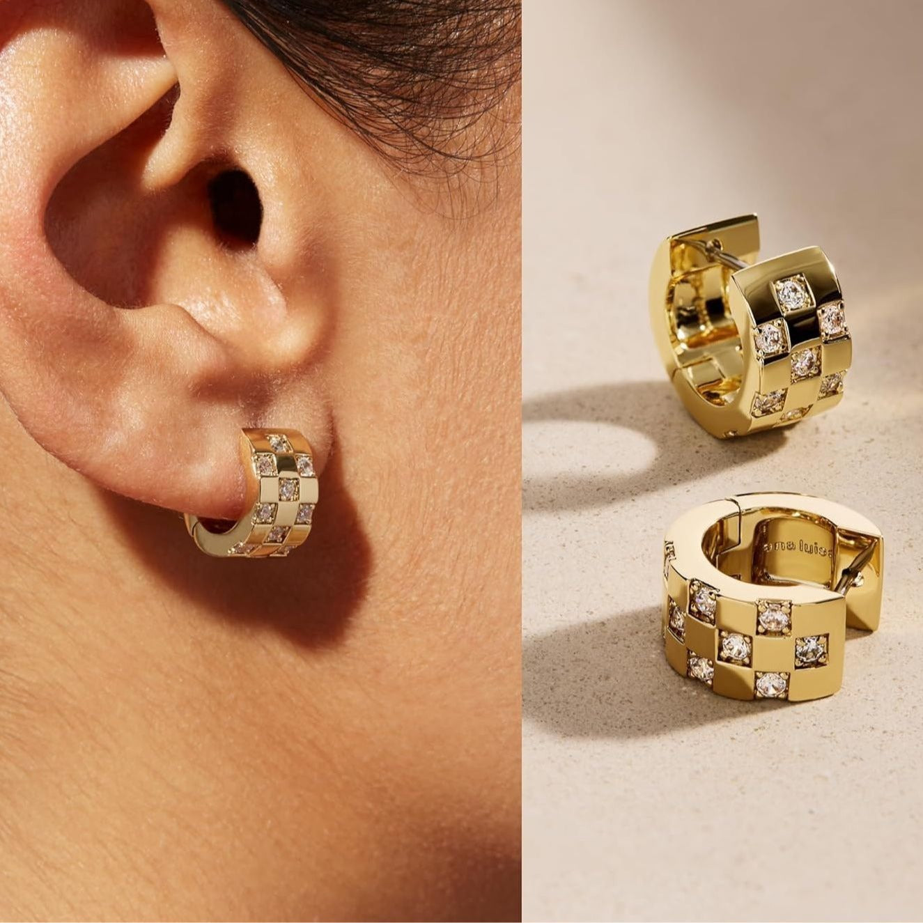 Fashion 14K Gold Ring Cubic Zirconia Checkered Stud Earrings