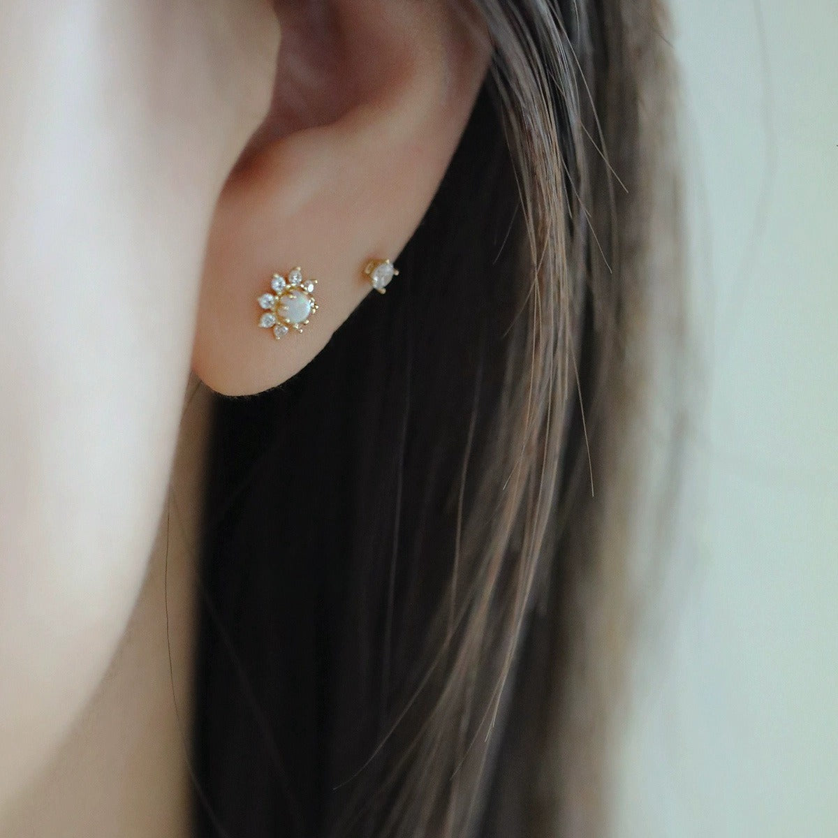S925 Sterling Silver 14K Gold Plated Opal Zircon Stud Earrings