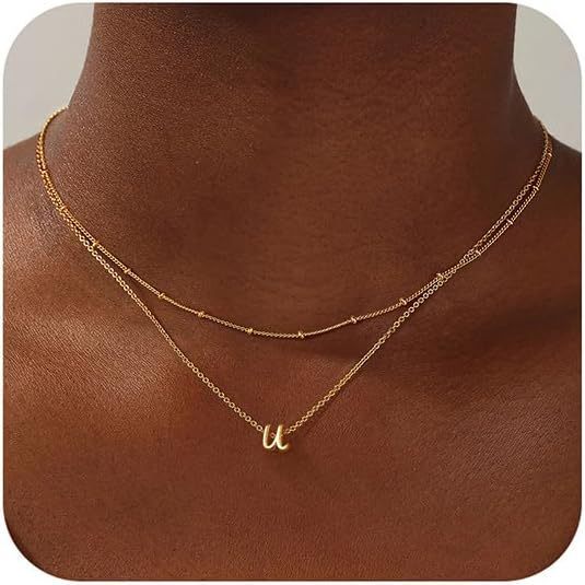 14K Gold Multi-layer English 26 Letters Small Rice-shaped Beads Necklace