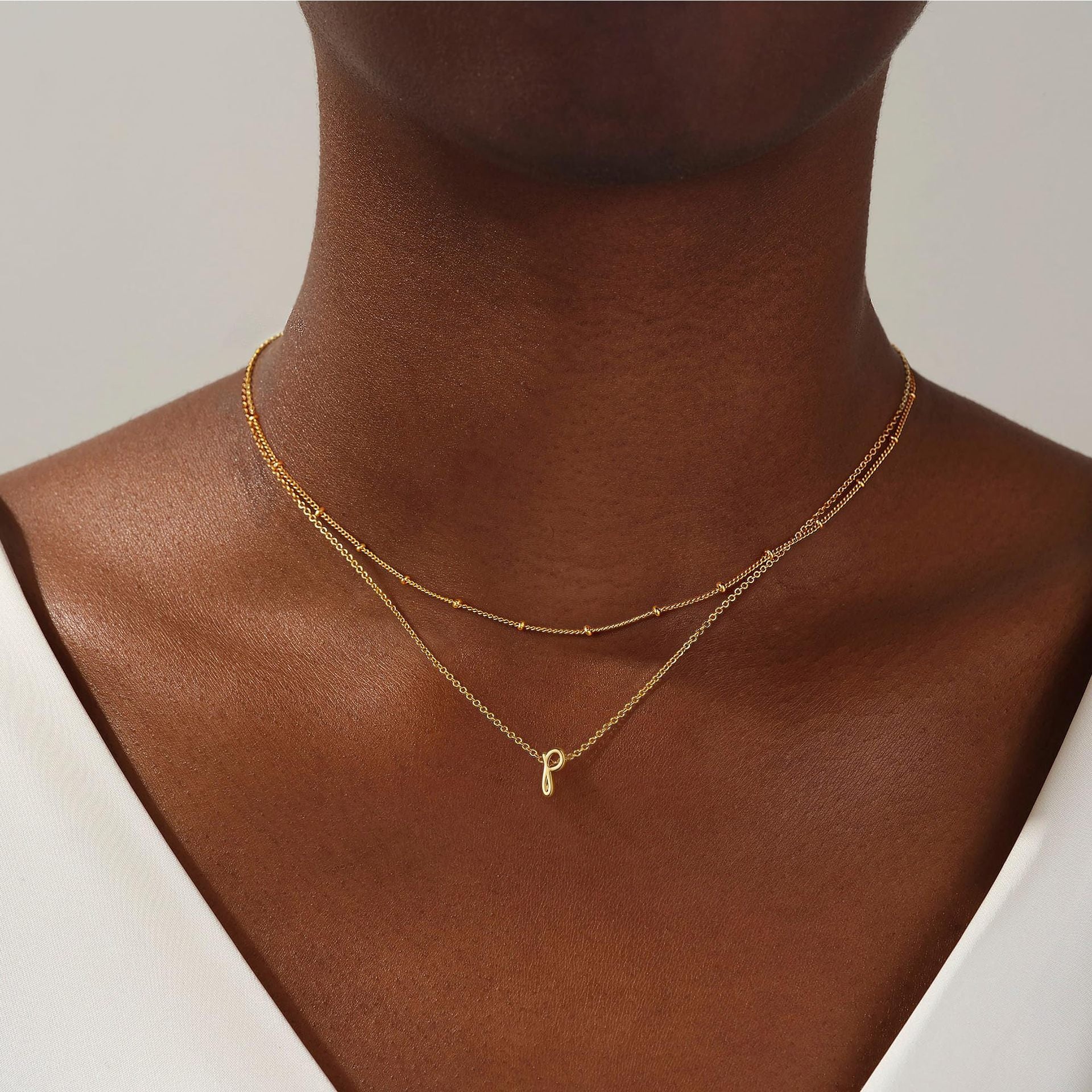 14K Gold Multi-layer English 26 Letters Small Rice-shaped Beads Necklace
