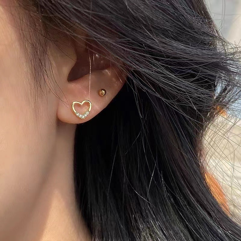 S925 Sterling Silver Plated 14K Gold Hollow Heart Ear Studs