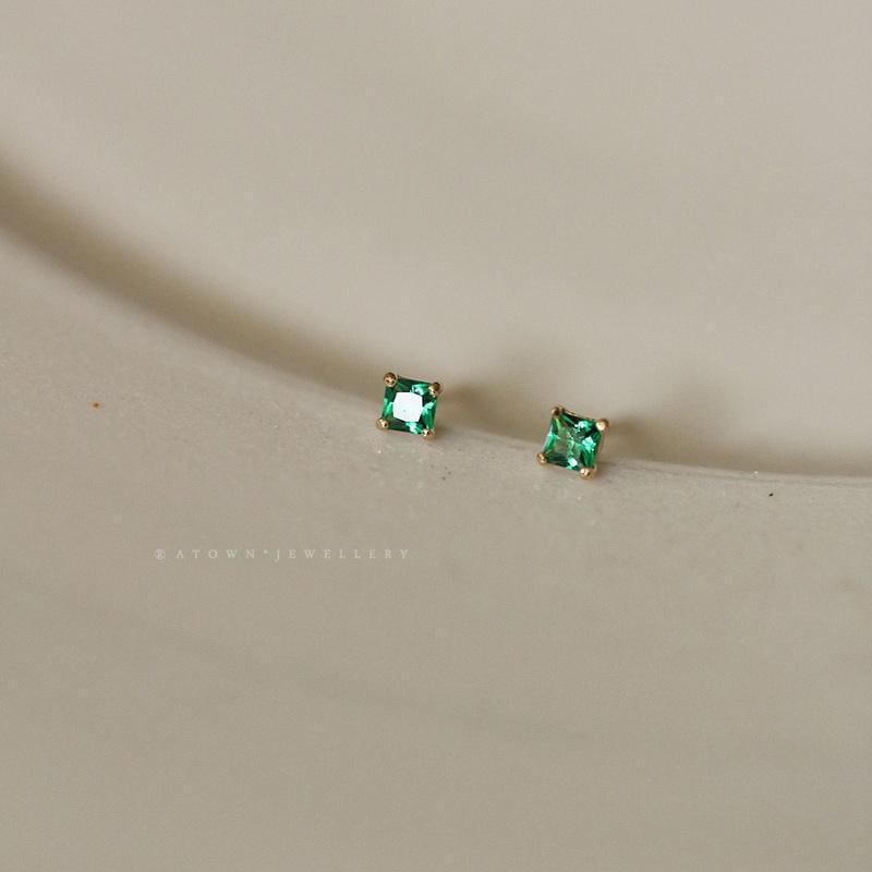925 Sterling Silver Plated 14K Gold Ear-ring Clip Four-claw Grandmother Green Small Zircon Earrings