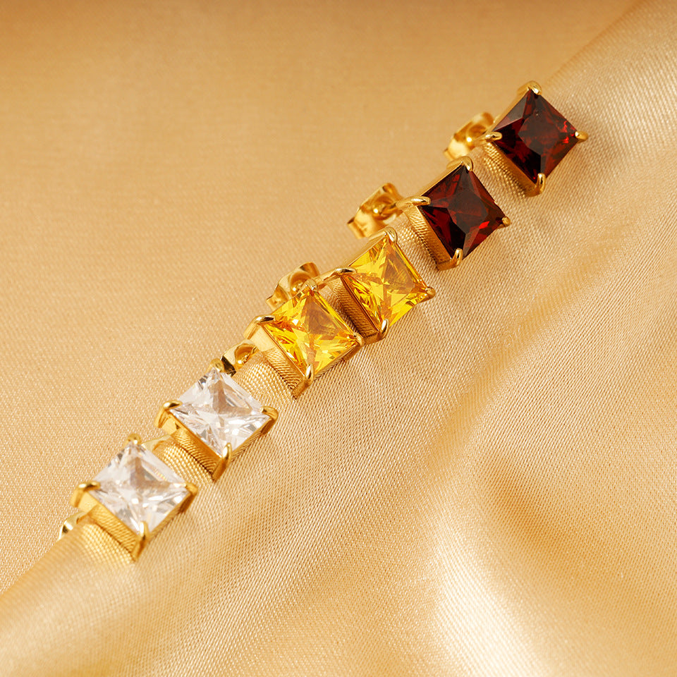 Titanium Steel 14K Gold Four Claw Inlaid Stone Square Diamond Small Ear Studs