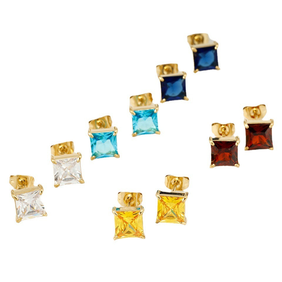Titanium Steel 14K Gold Four Claw Inlaid Stone Square Diamond Small Ear Studs