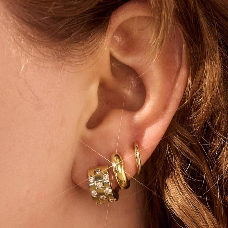 Fashion 14K Gold Ring Cubic Zirconia Checkered Stud Earrings